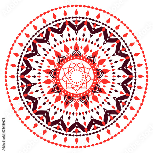Concentric Red and Crimson Mandala Vector Design.