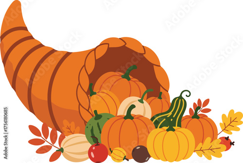 Cornucopia overflowing with pumpkins squash and autumn leaves celebrating harvest and thanksgiving isolated on transparent background