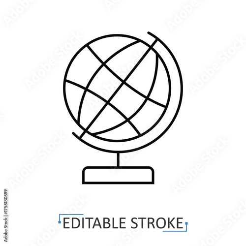 A globe icon in a minimalist line style with editable stroke. School geography, world map, global travel, earth model, education symbol, planet discovery, international business concept.