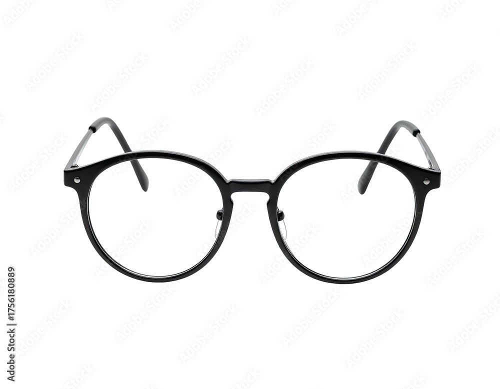 Fototapeta premium Black eyeglasses, circular lenses, positioned centered against black backdrop