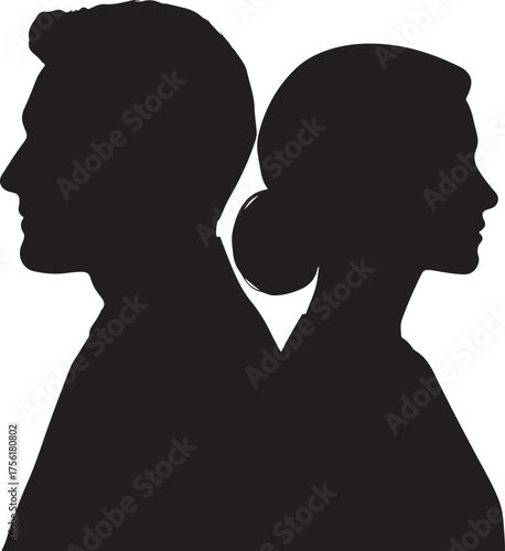 Black silhouette profile of a man and woman facing away from each other on a white background couple