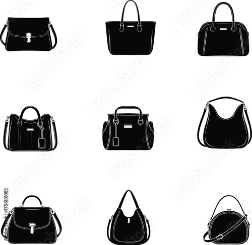 Handbag silhouette icon set, fashion accessory, tote bag, satchel purse, crossbody design, stylish women’s bag, black vector illustration artwork