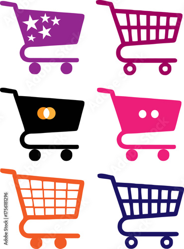 Collection of six colorful shopping carts with different patterns and designs representing online and in store shopping