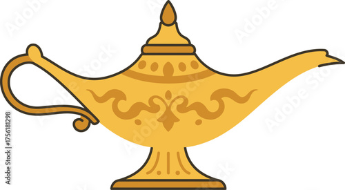 Golden aladdin's magic lamp with intricate ornate patterns and a stylized spout isolated on transparent background