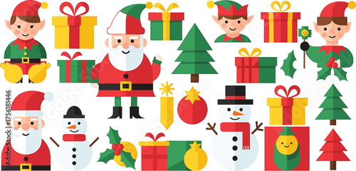 Group of 18 flat design Christmas characters and elements including Santa, elves, snowmen, and gifts