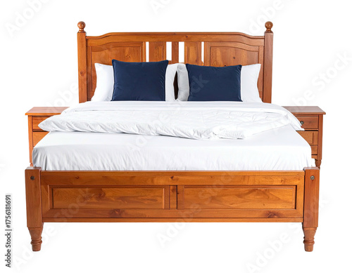 Wallpaper Mural Wooden bed frame with two pillows and white sheets, flanked by matching nightstands Torontodigital.ca