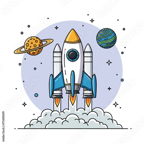 Rocket blasting off through clouds into space with surrounding planets, flat cartoon science illustration