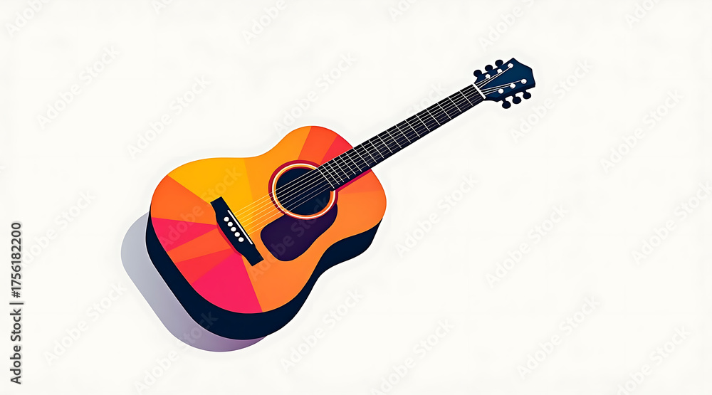 Obraz premium Stylized poster illustration of acoustic guitar with vibrant orange and red sunburst colors casting shadow on white background