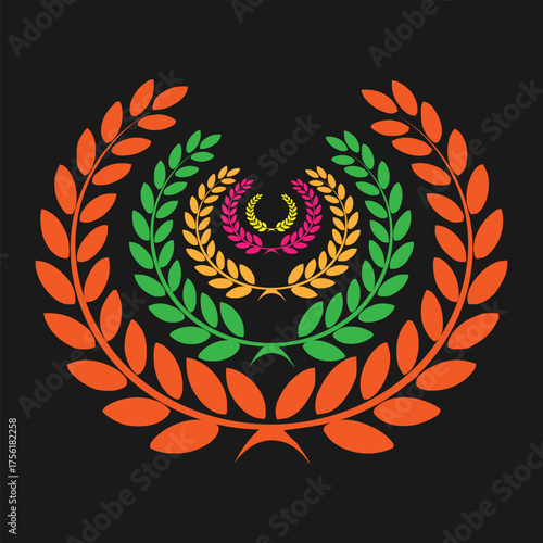 Colorful laurel wreath emblem with gradient leaves on black background representing victory and achievement