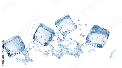 Several ice cubes splashing water isolated on transparent background