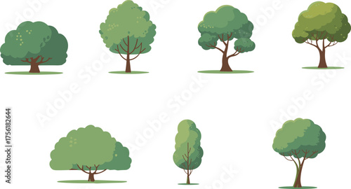 Tree illustration set, diverse green canopy, botanical nature drawing, seasonal forest landscape, eco friendly artwork, garden vegetation, vector illustration collection