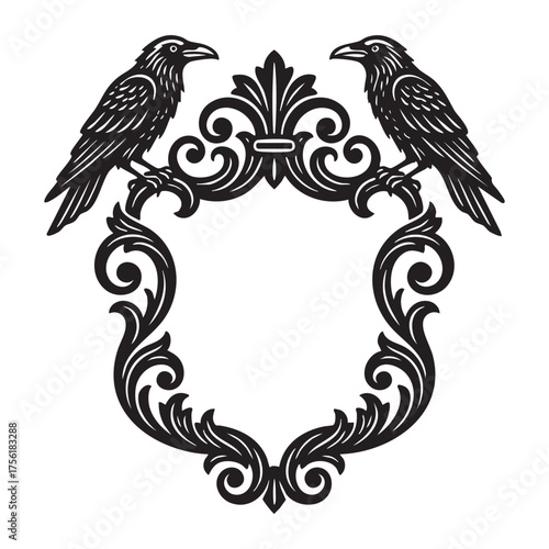Vintage Heraldic Frame with Two Spreading raven bird and Ornate Baroque Scrollwork Engraving