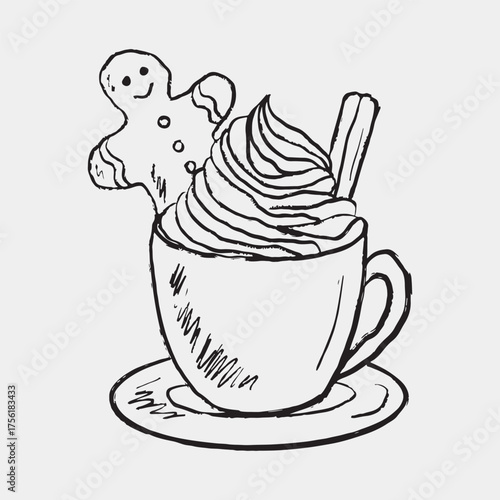 Hand drawn cup with whipped topping, cinnamon stick and gingerbread man. Vector sketch illustration in vintage crayon textured style. Christmas drink, coffee, hot cocoa, cappuccino, cozy winter.