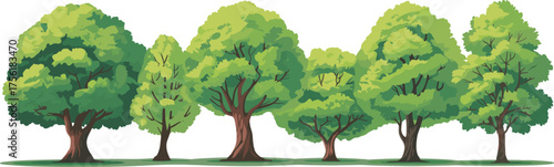 Tree illustration set, diverse green foliage, botanical nature drawing, forest landscape design, eco friendly artwork, seasonal vegetation, vector illustration collection