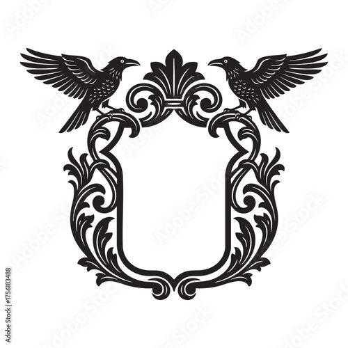 Vintage Heraldic Frame with Two Spreading raven bird and Ornate Baroque Scrollwork Engraving