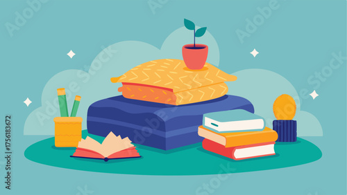 A cozy reading corner with a floor pillow a knit blanket and a stack of magazines.