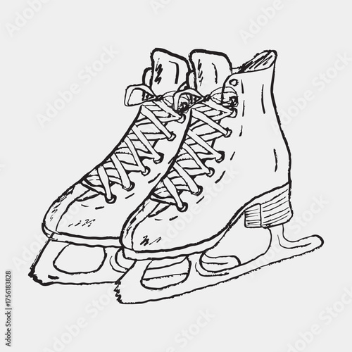 Hand drawn pair of traditional ice skates for figure skating. Vector sketch illustration in vintage crayon textured style. Winter sport design, Christmas gift, sport shoes.