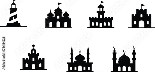 Architectural silhouette icon set, mosque dome minaret, castle fortress, lighthouse tower, cultural landmark design, historic building, black vector illustration artwork