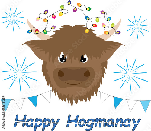 Cartoon Highland Cow with Hogmanay Garland