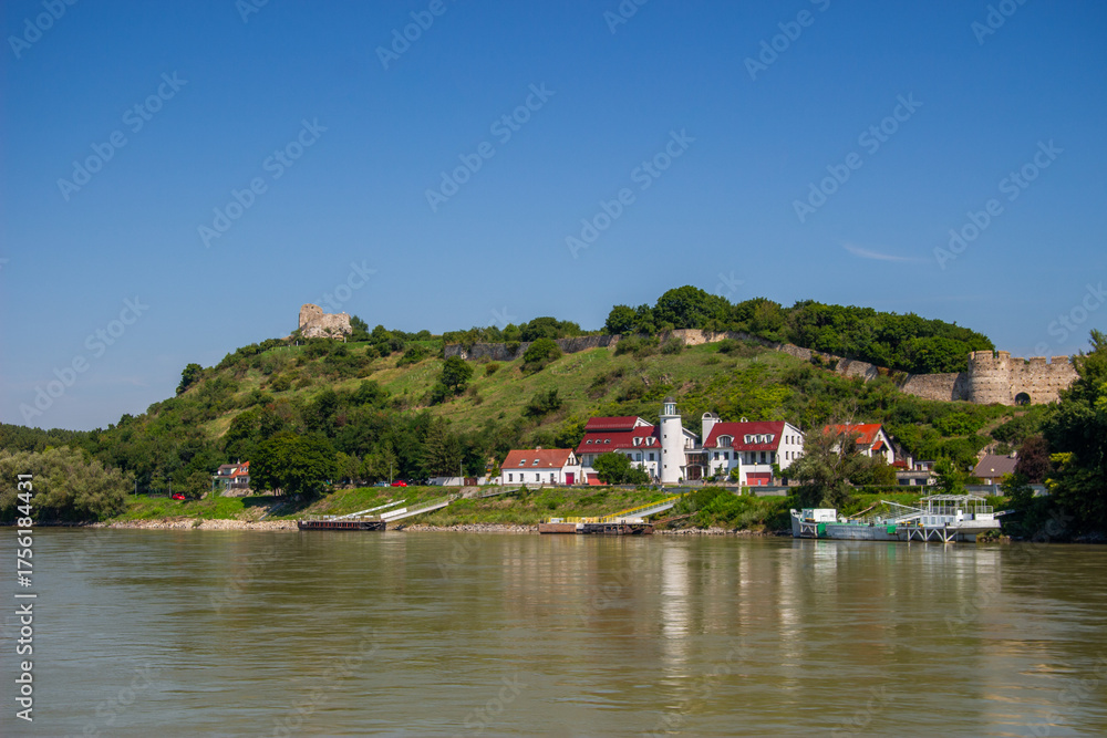 Fototapeta premium Devin village, part of Bratislava, with ruins of Devin castle