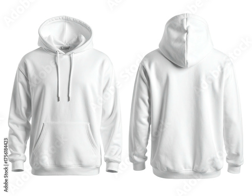 White hooded sweatshirt mockup, front and back views on a transparent background