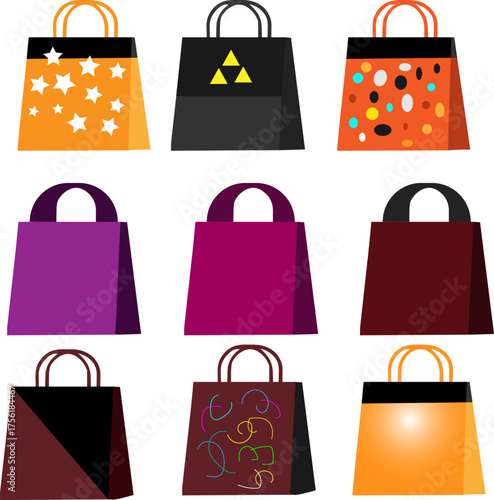 Collection of nine colorful and festive shopping bags with handles some decorated for halloween and others in solid colors