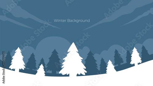 illustration background for winter snowy pine forest with dark sky, in flat style