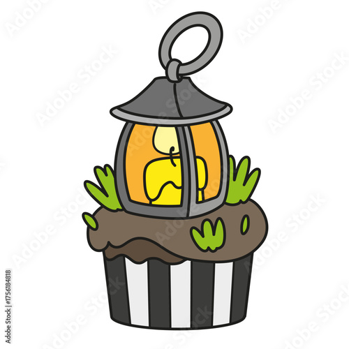 Biscuit cake with Halloween decorative lantern with a candle on white background