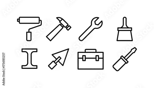 Flat Line Vector Icon Set of Essential Construction, Carpentry, Home Repair, and Hand Tools, featuring Paint, Masonry, and Mechanical Equipment