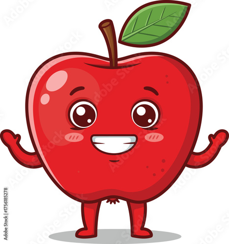 Happy cartoon apple character with friendly smile and open arms inviting fun and healthy eating isolated on transparent background