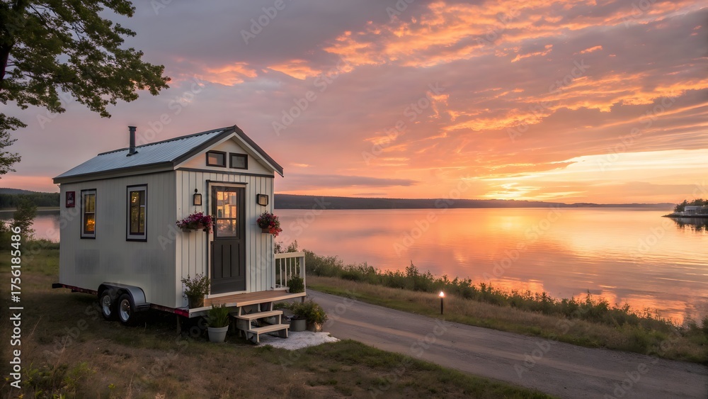 Obraz premium A tiny house on a trailer near a lake at sunset with a beautiful sky view