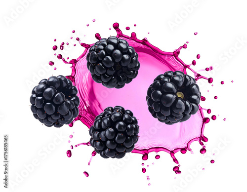 Four ripe blackberries surrounding a splash of vibrant magenta liquid on a black background