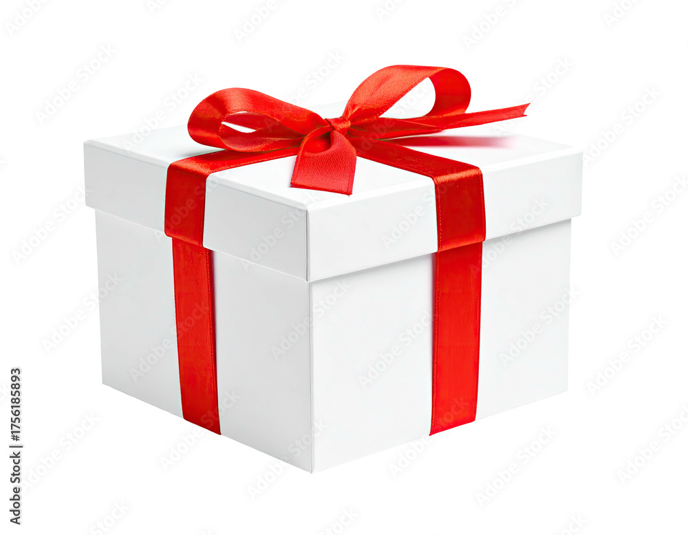 Obraz premium Square white present box tied with a vibrant red satin ribbon and bow, isolated on black