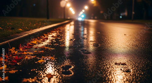 Autumnal Reflections A Wet Road's Glow Under Evening Streetlights After a Downpour