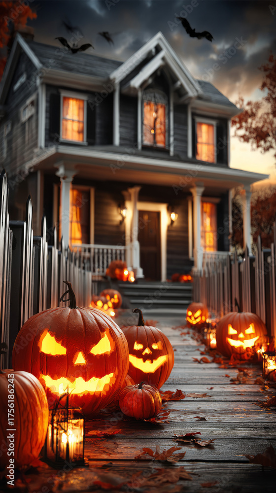 Obraz premium Haunted Victorian House Exterior with Flicke Candlelit Pumpkins Carved Jack-o Lanterns and Dark Sky for Halloween Night Decoration