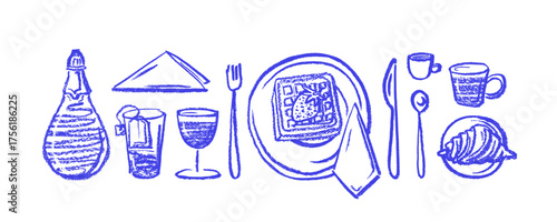 Crayon hand drawn breakfast. Art grunge food set