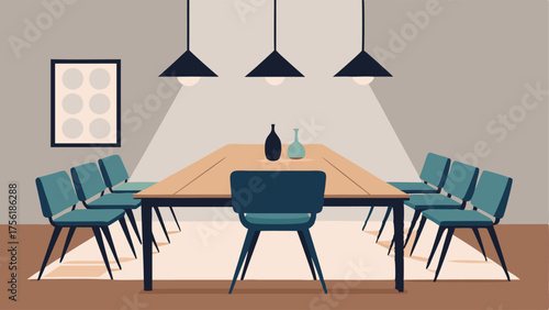 A dining room with a long rectangular wooden table surrounded by Scandinavianstyle chairs adorned with black and white cushions. A minimalist pendant light hangs above the table