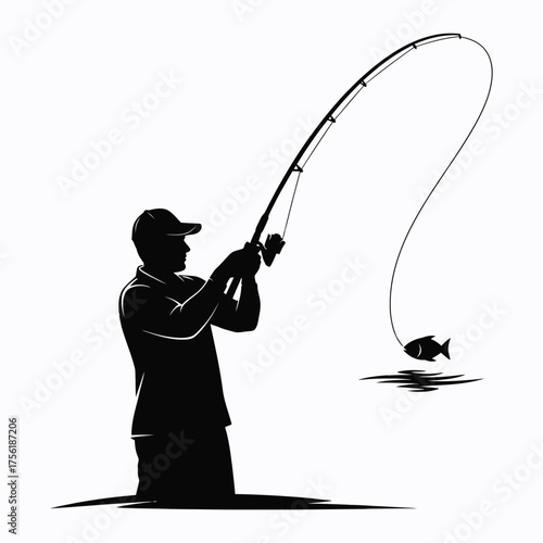 Angler casting a fishing rod with a caught fish a striking silhouette