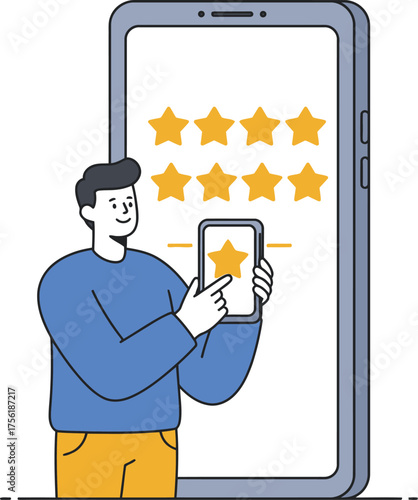 Customer service rating app interface shows five star reviews on large mobile screen isolated on transparent background