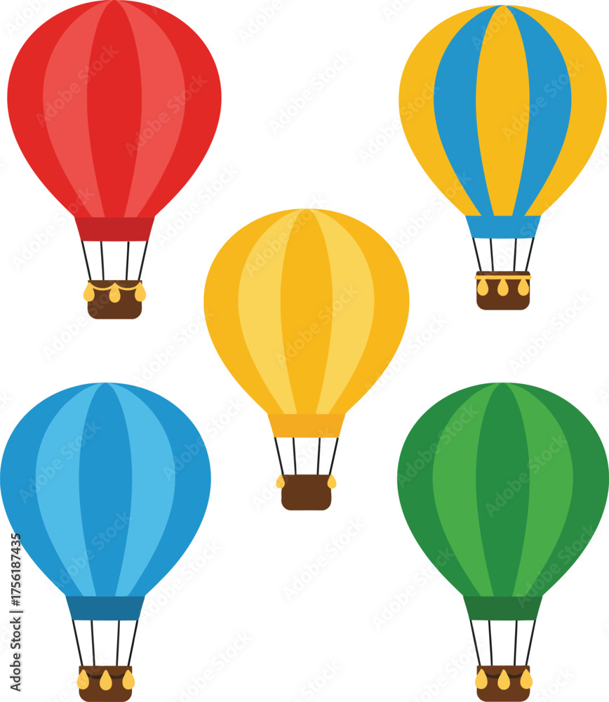 Fototapeta premium Vibrant collection of five hot air balloons ready for adventure and travel isolated on transparent background
