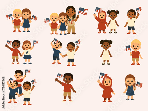 A cheerful collection of diverse children holding American flags, celebrating unity and friendship with bright smiles and patriotic joy in a cute cartoon style.