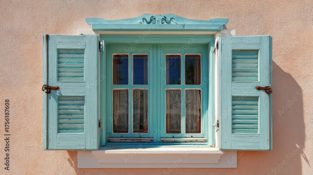 Fototapeta premium Charming vintage window with open shutters, showcasing elegant wooden designs and soft pastel color against a textured wall backdrop in bright daylight