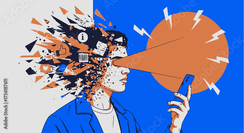 Digital illustration of a man's head exploding with information and data while staring at a smartphone, symbolizing digital overload, information anxiety, and technology distraction.