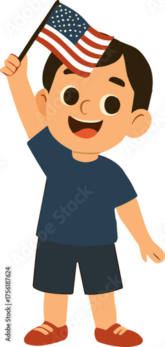 A smiling boy in a navy outfit waving an American flag, expressing happiness, freedom, and patriotism in a playful cartoon illustration.