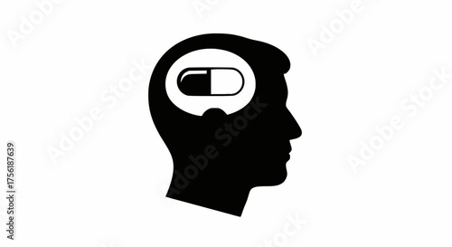 Black silhouette vector graphic of a human head with a large capsule pill inside, symbolizing medical treatment, drug use, or pharmaceutical impact on the mind.
