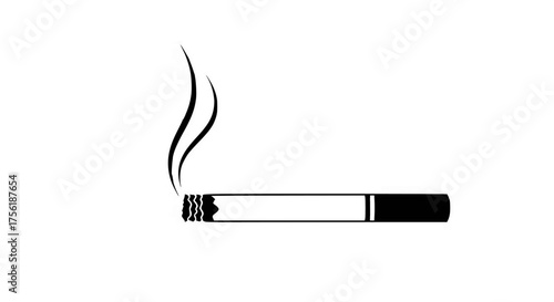 Black and white vector illustration of a lit cigarette with smoke rising, a smoking habit addiction graphic icon.