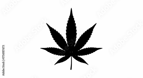 Minimalist black cannabis marijuana leaf silhouette vector graphic icon.