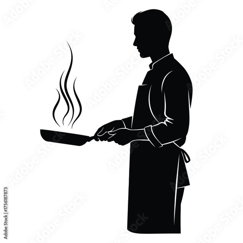 A chef presenting a sizzling pan with stylized smoke a dark silhouette