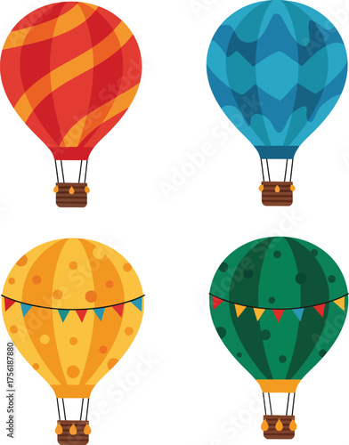Four colorful hot air balloons ready for adventure in the sky isolated on transparent background