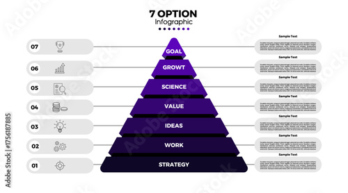 Infographic template with a pyramid triangle vector shape, with 7 information options, suitable for web, posters, business communications and business reports.	